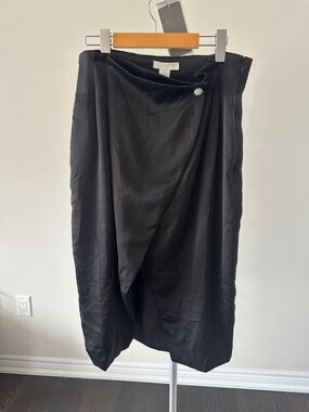 H&M Black Asymmetrical Wrap Midi Skirt with Button Accent